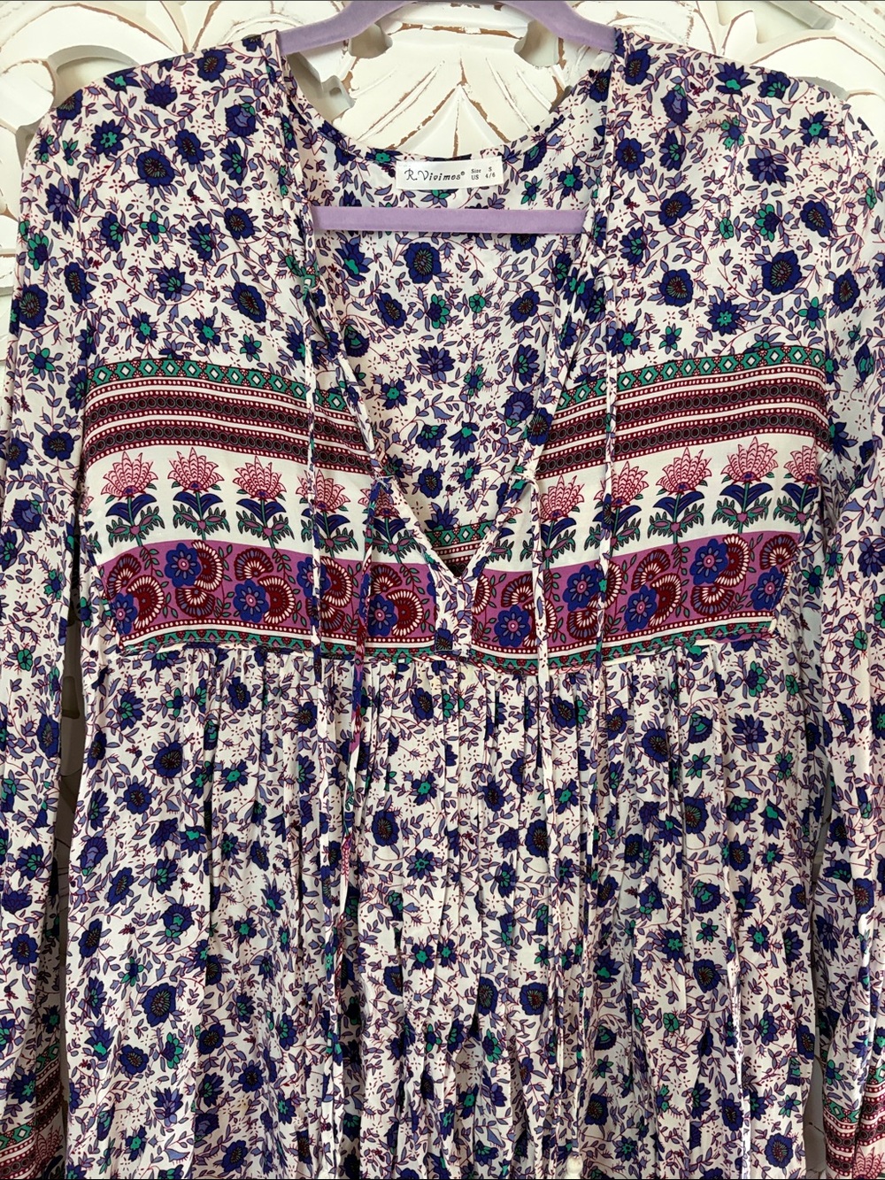 BOHO Rayon Folk Floral Tassel Midi Dress - Picture 2 of 7